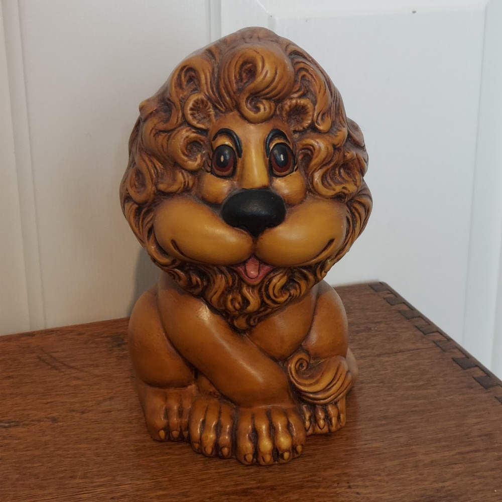 Vintage Atlantic Mold Ceramic Lion Piggy Bank Retro 1970s Nursery Decor 8x5x6